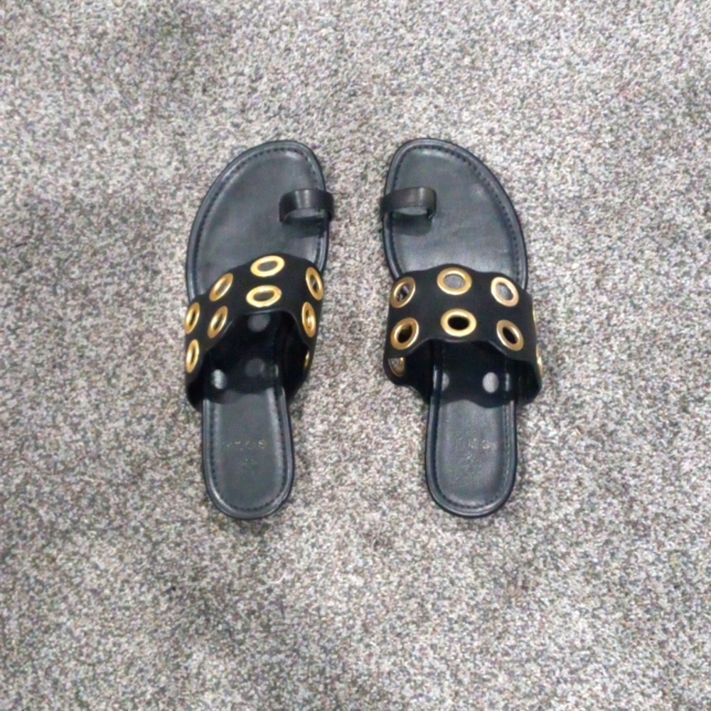 Ladies Black Leather Sandals with Gold Accents